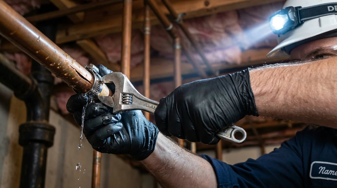Emergency pipe clamp repair being performed by a Johns Plumbing LLC plumber in Mountain Home