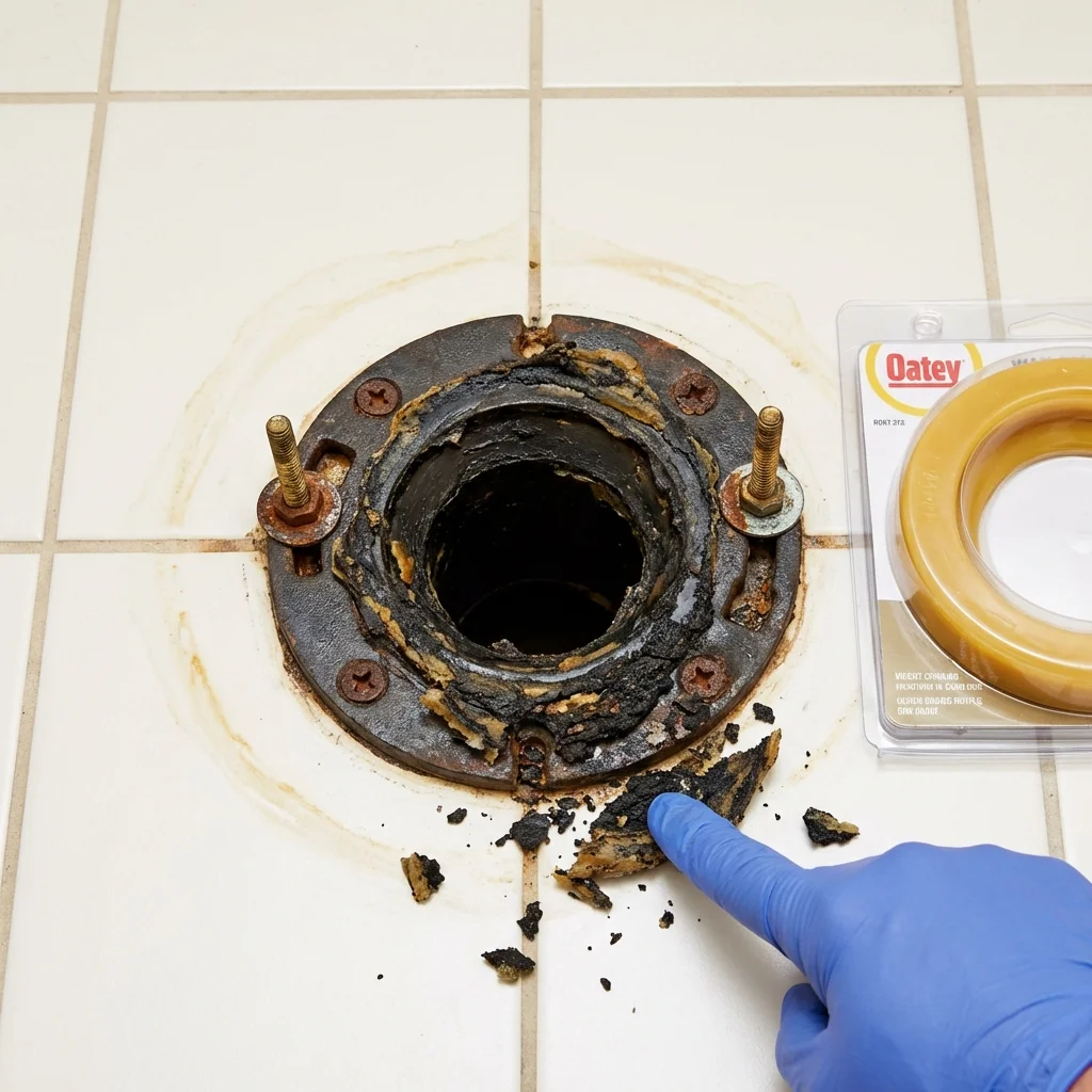 Failed wax ring showing water seepage at the base of a toilet in a Mountain Home, AR home