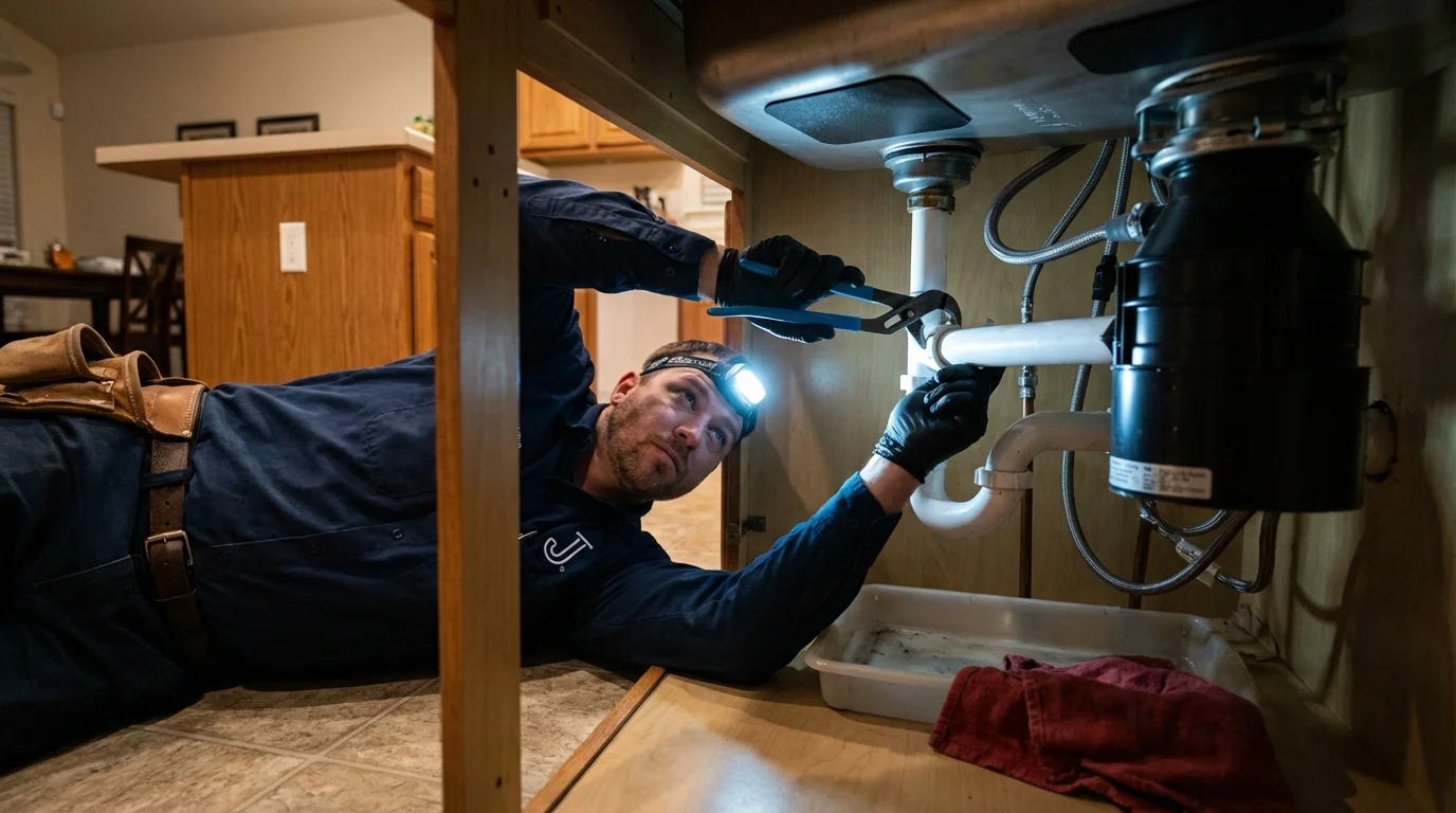 P-trap and supply line connections under a kitchen sink showing a common leak point in Mountain Home, AR